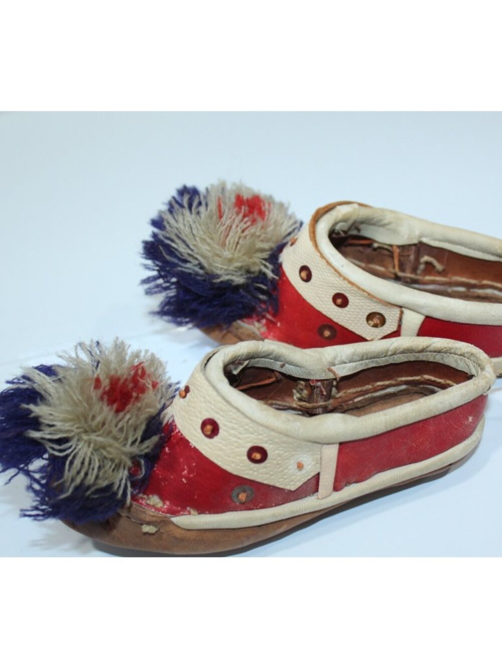 Vintage Souvenir Leather Handmade Moccasin Shoes With Poms Signed Greek Tsarouhi